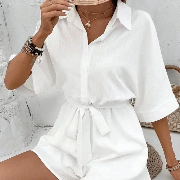 White Casual Women's Summer Solid Color Shirt Jumpsuit - Picture 4 of 5